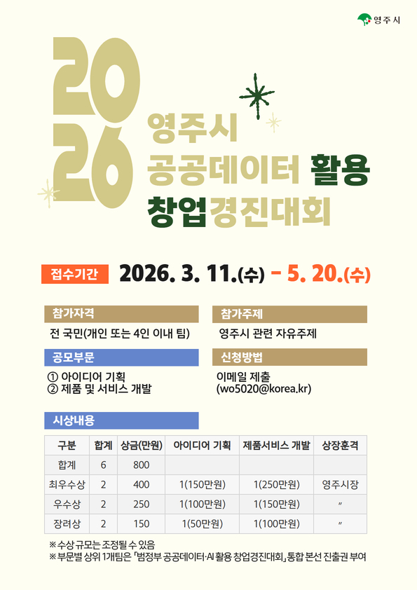 2026년 영주시 공공데이터 활용 창업경진대회 (모집 연장)